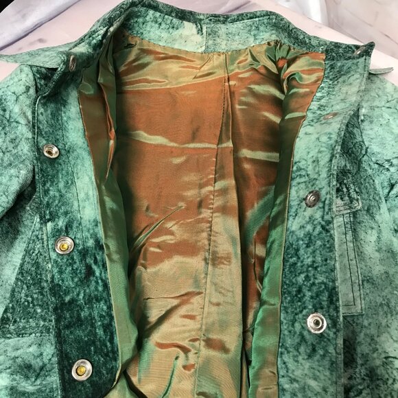 Vintage Small Marbled Green Textured Jacket Belt Gold Snap Buttons Suede Like - Picture 6 of 9